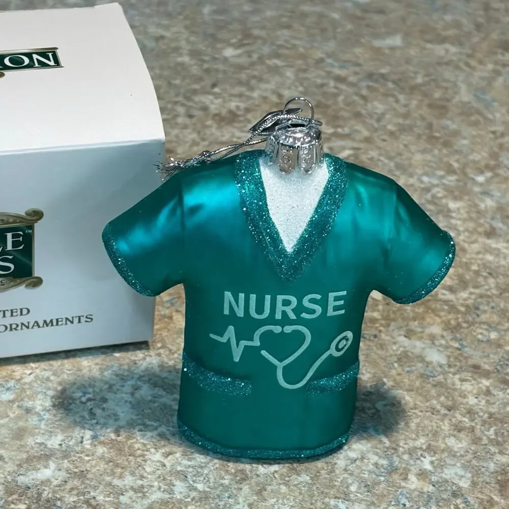Kurt Adler Noble Gems Nurse Teal Glitter Scrubs Shirt Glass Ornament